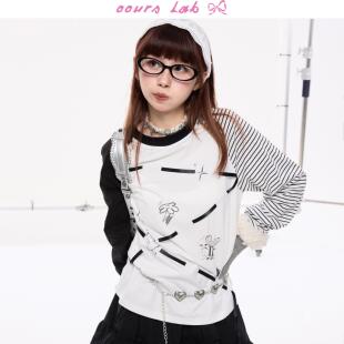 T恤女秋 长袖 OOURSLAB 原创趣味印花绑带条纹拼接撞色插肩袖