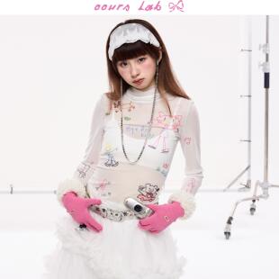 半高领打底秋上衣女新 定位印花网眼长袖 OOURSLAB 原创趣味满版