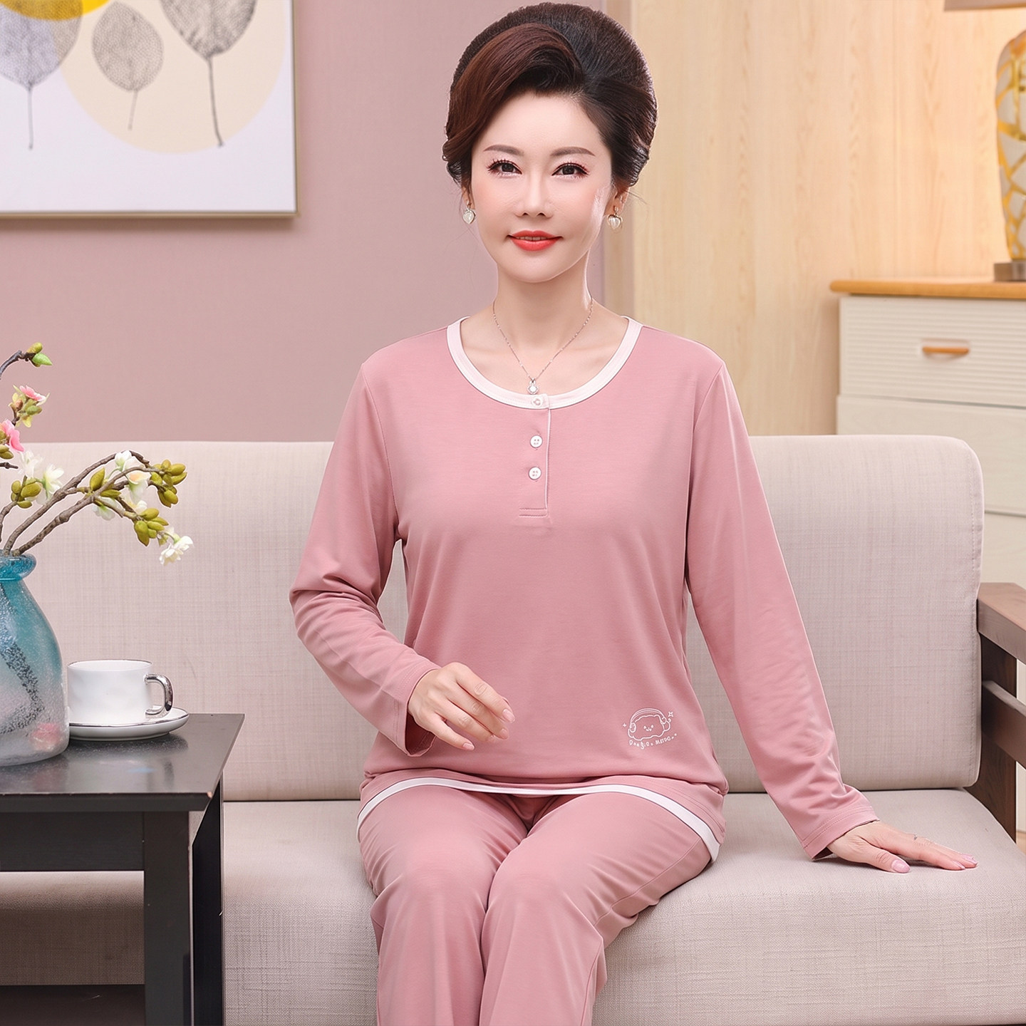 妈妈纯棉睡衣春秋季薄款长袖套头中老年女士家居服秋冬款全棉套装