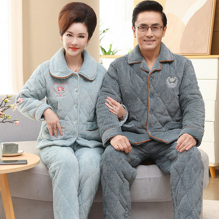 情侣睡衣冬季款珊瑚绒夹棉加厚加绒爸爸妈妈冬天家居服男女士套装