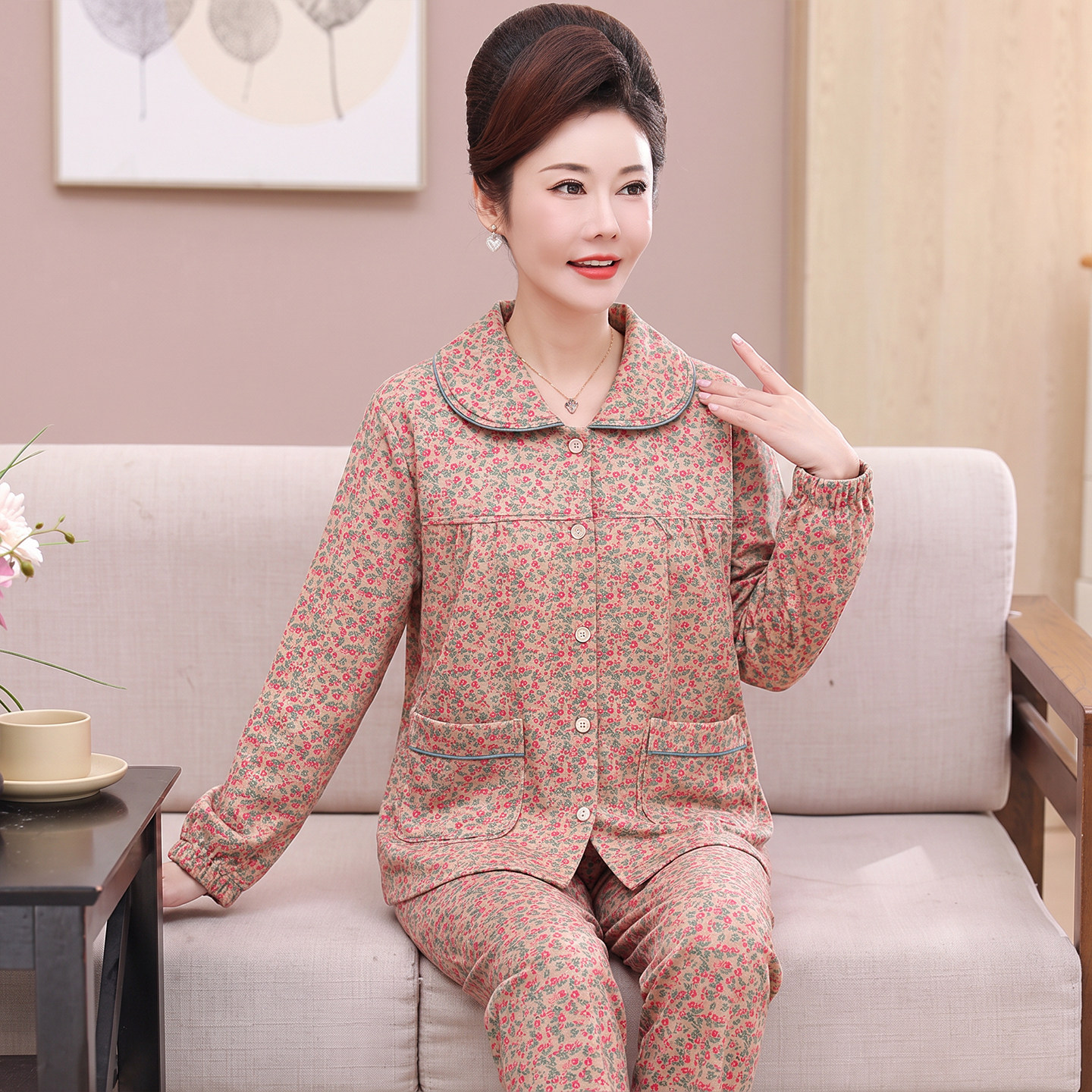 中老年女士夹层睡衣纯棉加厚秋冬季妈妈全棉家居服冬款保暖加大码