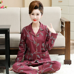纯棉长袖 全棉秋冬妇女套装 中老年人睡衣女春秋季 妈妈款 家居服大码