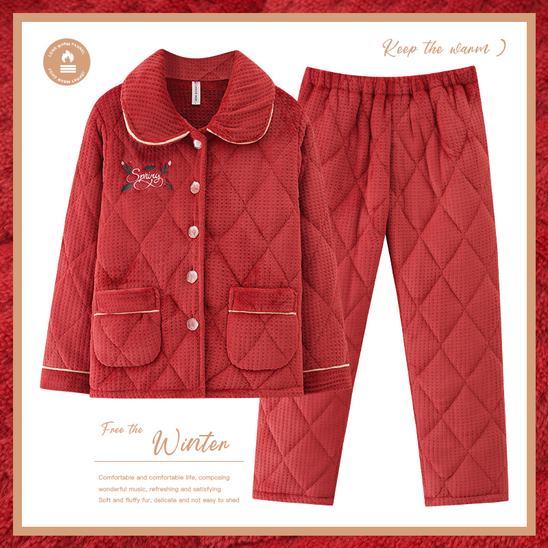 中年女士睡衣珊瑚绒夹棉冬季加厚