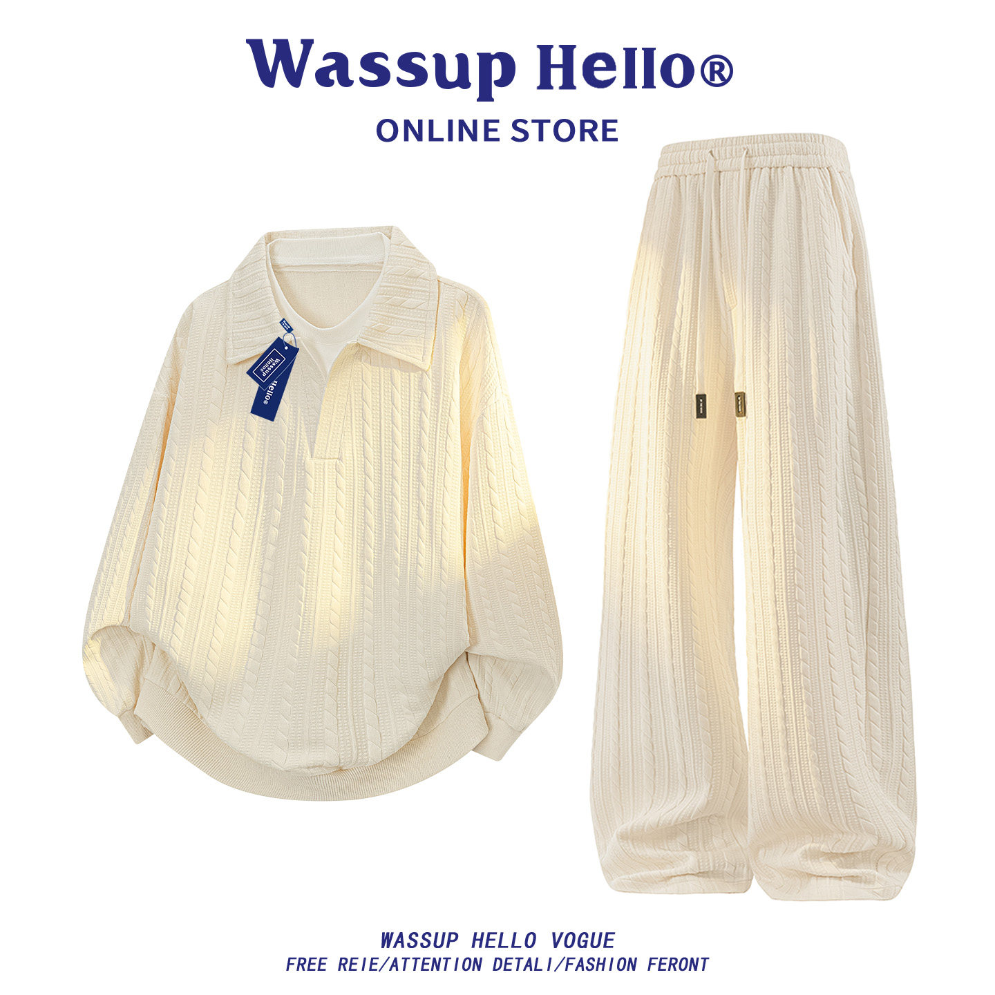 WASSUP HELLO假两件polo衫卫衣套装男款春秋新款宽松休闲运动套装