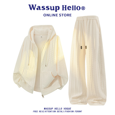 美式连帽提花休闲运动套装男款秋