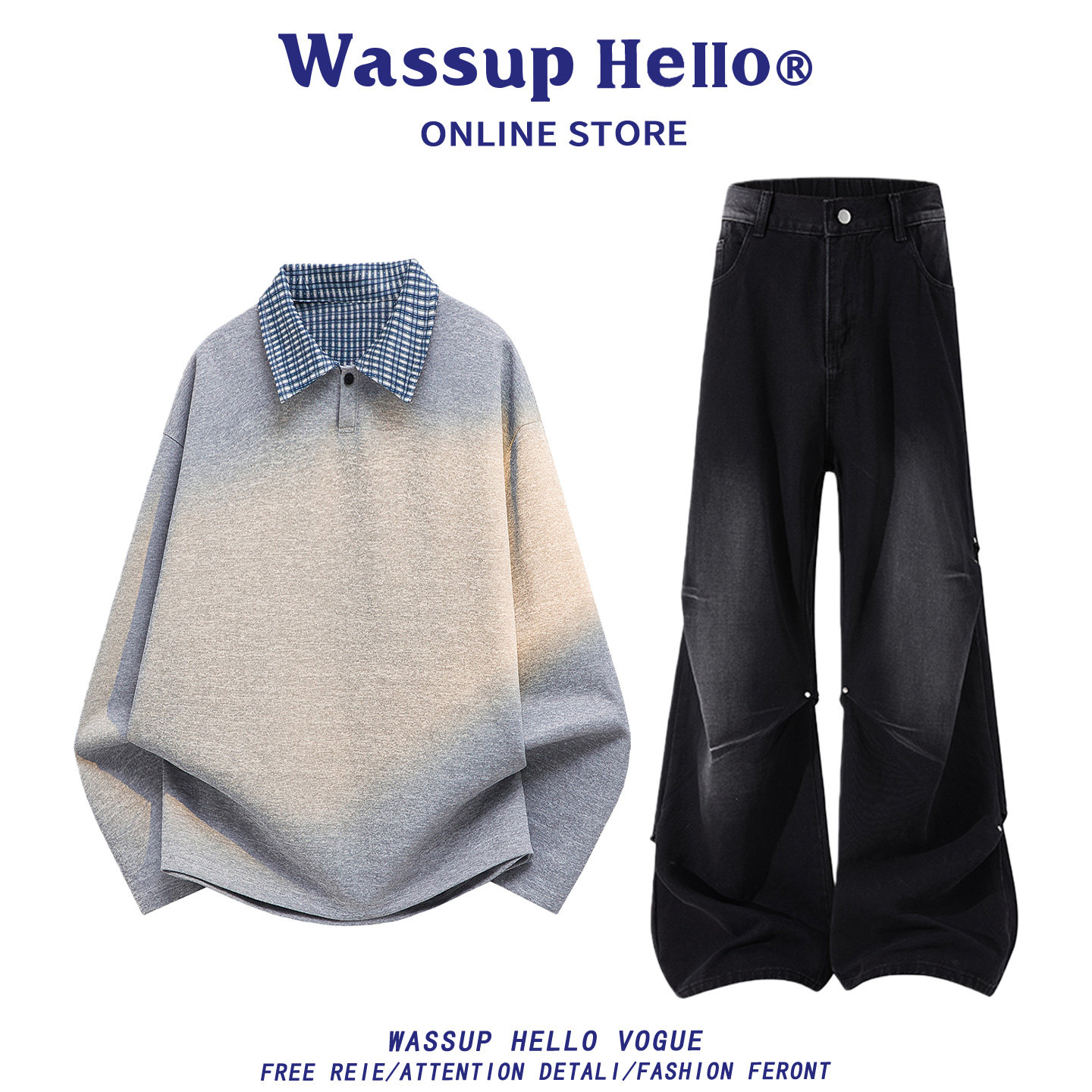 WASSUP HELLO运动服套装男款2026新款春秋翻领卫衣抽绳长裤一整套,男装,休闲运动套装,淘宝优惠券,粉丝福利购,淘宝优惠卷