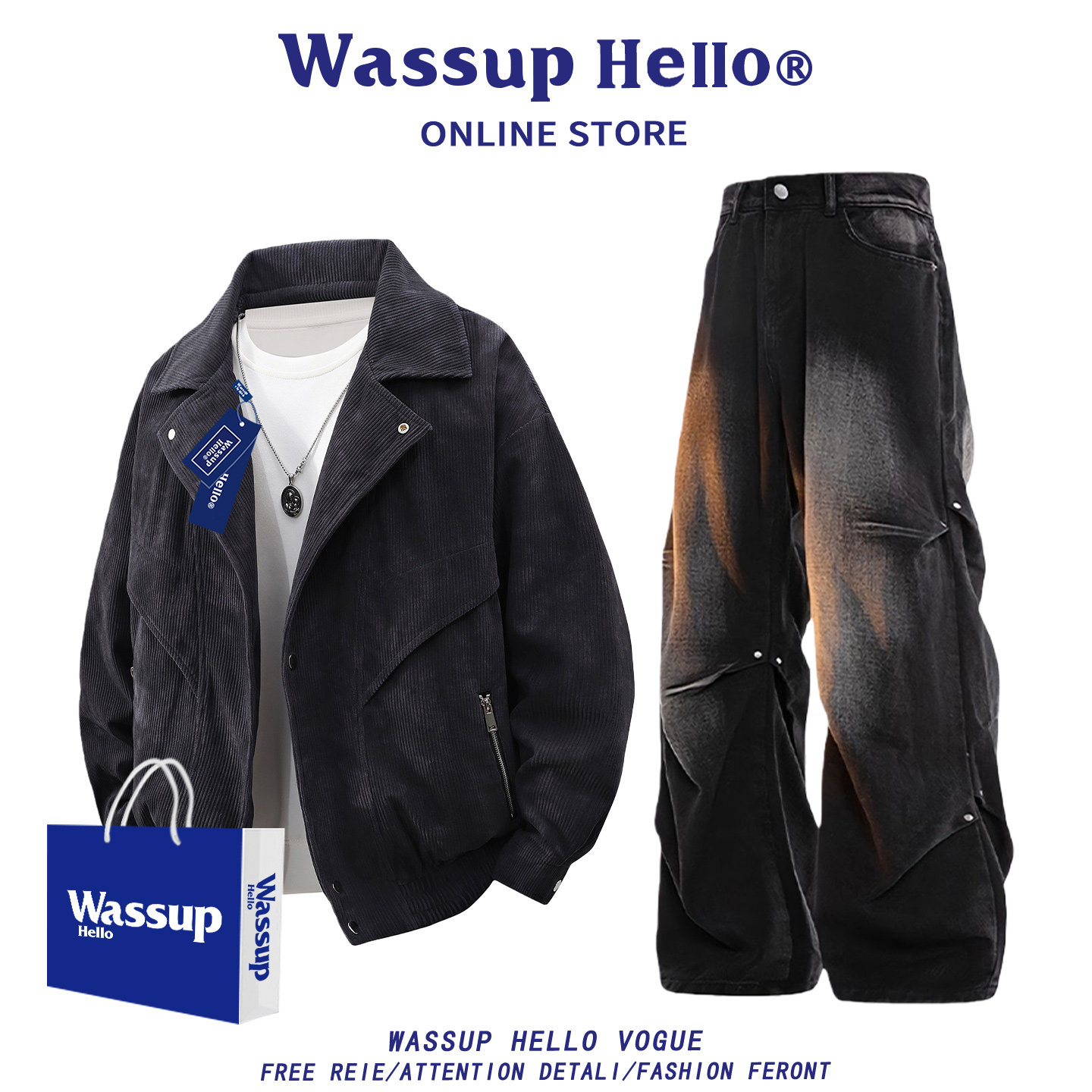 WASSUP HELLO复古灯芯绒外套男款2026新款春秋季撞色休闲夹克套装,男装,休闲运动套装,淘宝优惠券,粉丝福利购,淘宝优惠卷