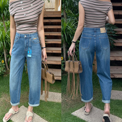 夏季薄款高腰四面弹梨形牛仔裤女