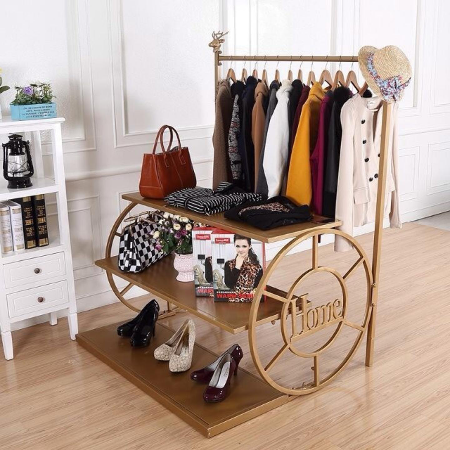双用服装店服装架男女衣架子铁艺鞋架包架展示架落地式车轮流水台