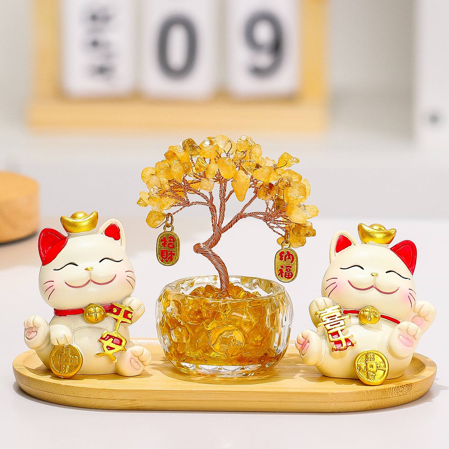 可爱招财猫黄紫水晶发财树入户