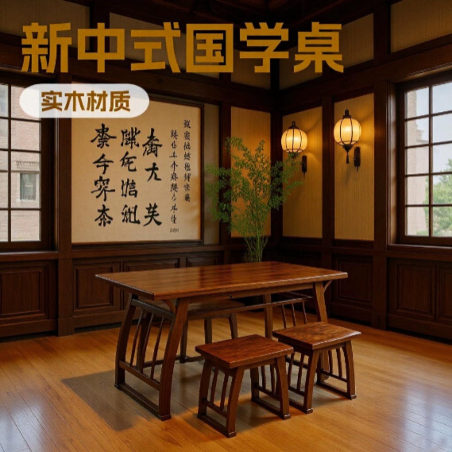 国学桌双人书画桌实木围棋桌子学生新中式桌椅凳子家用古书桌