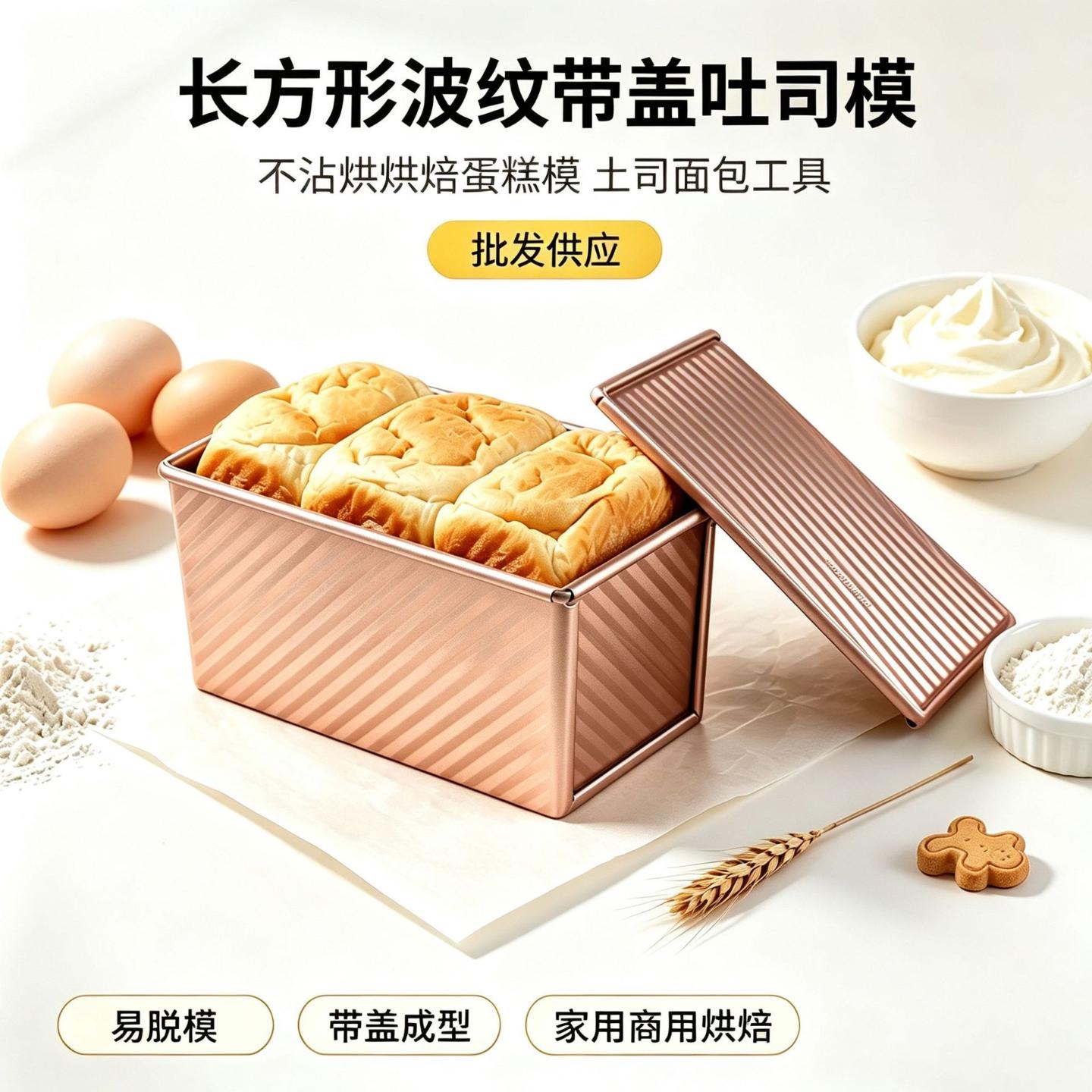 长方形金色波纹带盖吐司面包