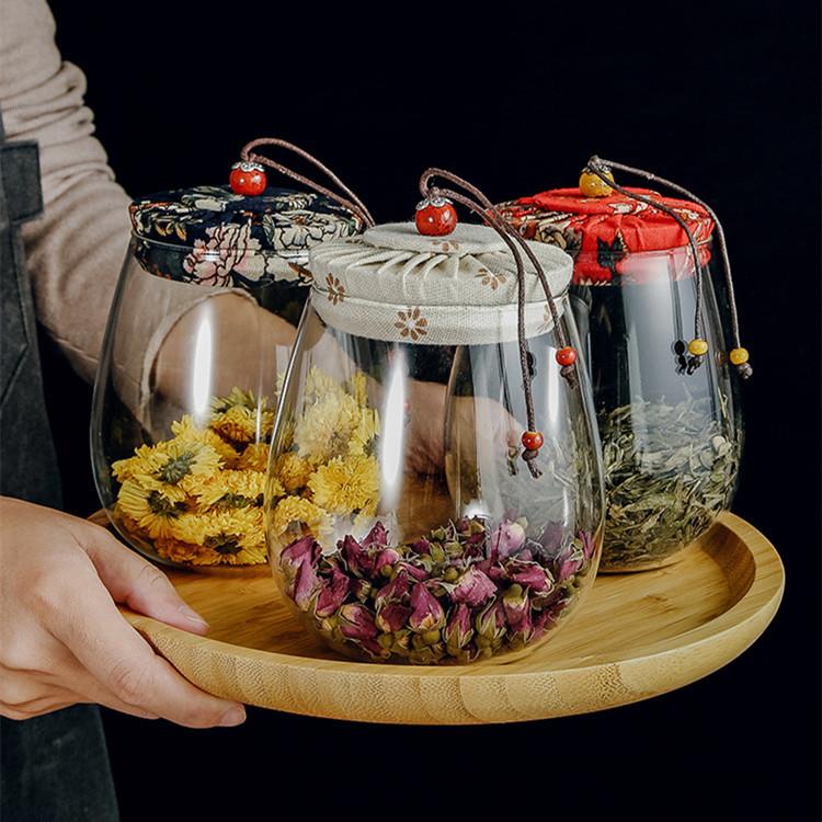 花布盖茶子叶大小345326号家用密封复古透玻盖明硼硅璃带储物子