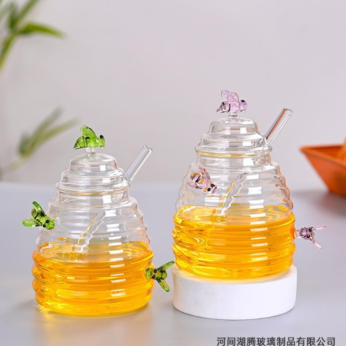 家用透明蝴蜂蜜罐 带盖明子玻璃拌F$p$p^lh搅棒蜂蜜瓶创蝶意玻璃