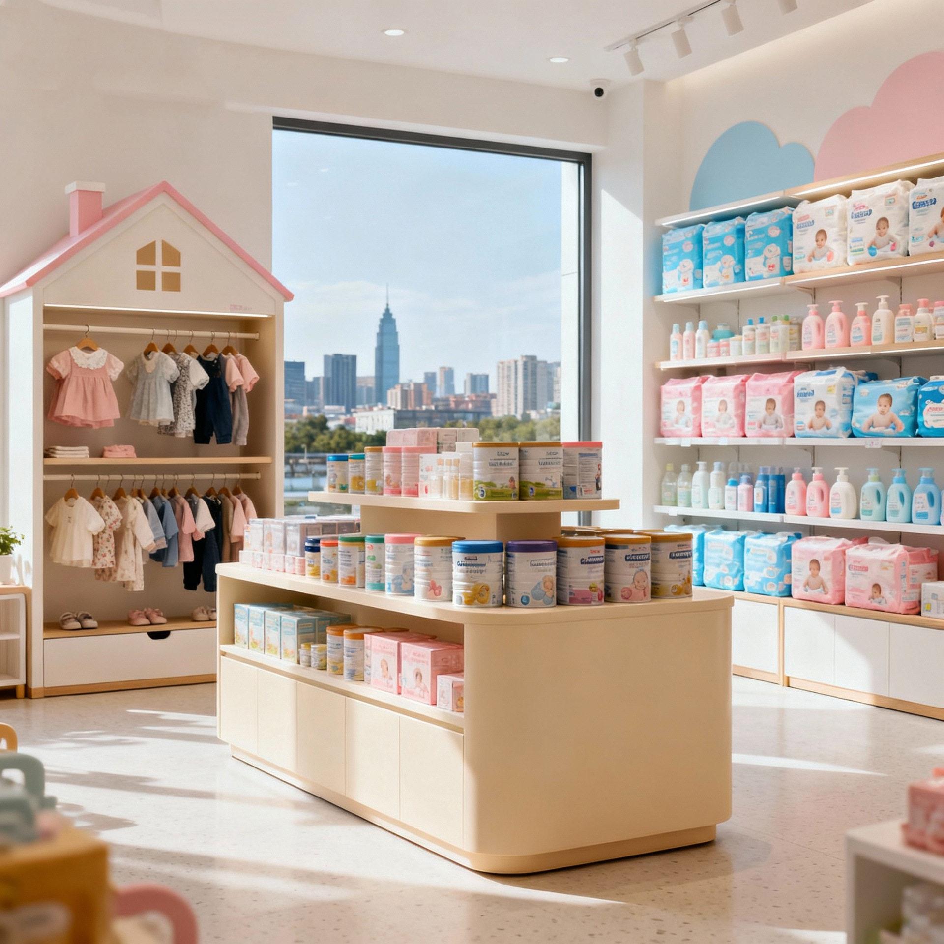 现全商工场街铺母婴用品展示柜中岛陈列堆头定制安/环保源头厂