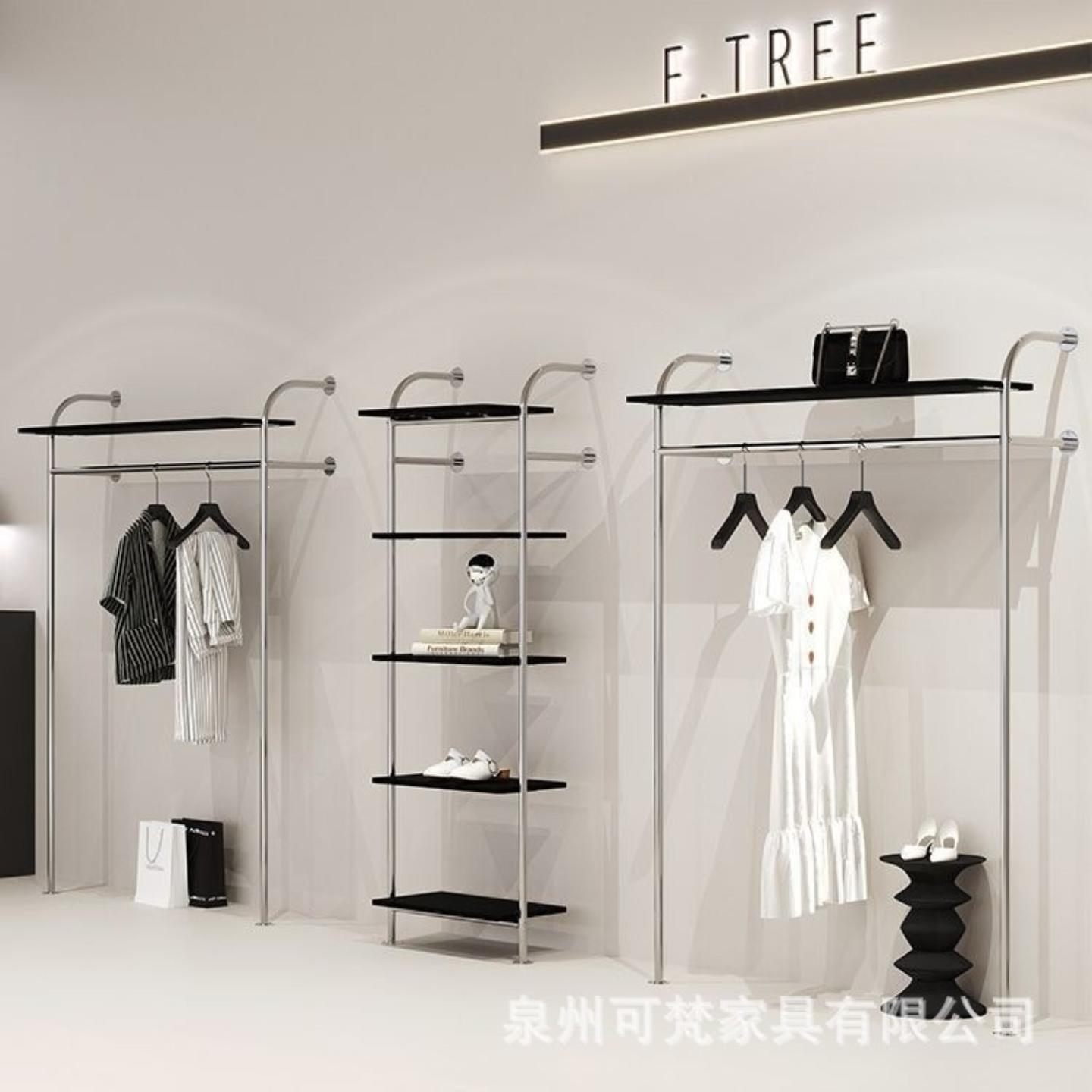 女装店鞋包饰品黑色货架上墙展示架服装店不锈钢落地式挂衣陈列架