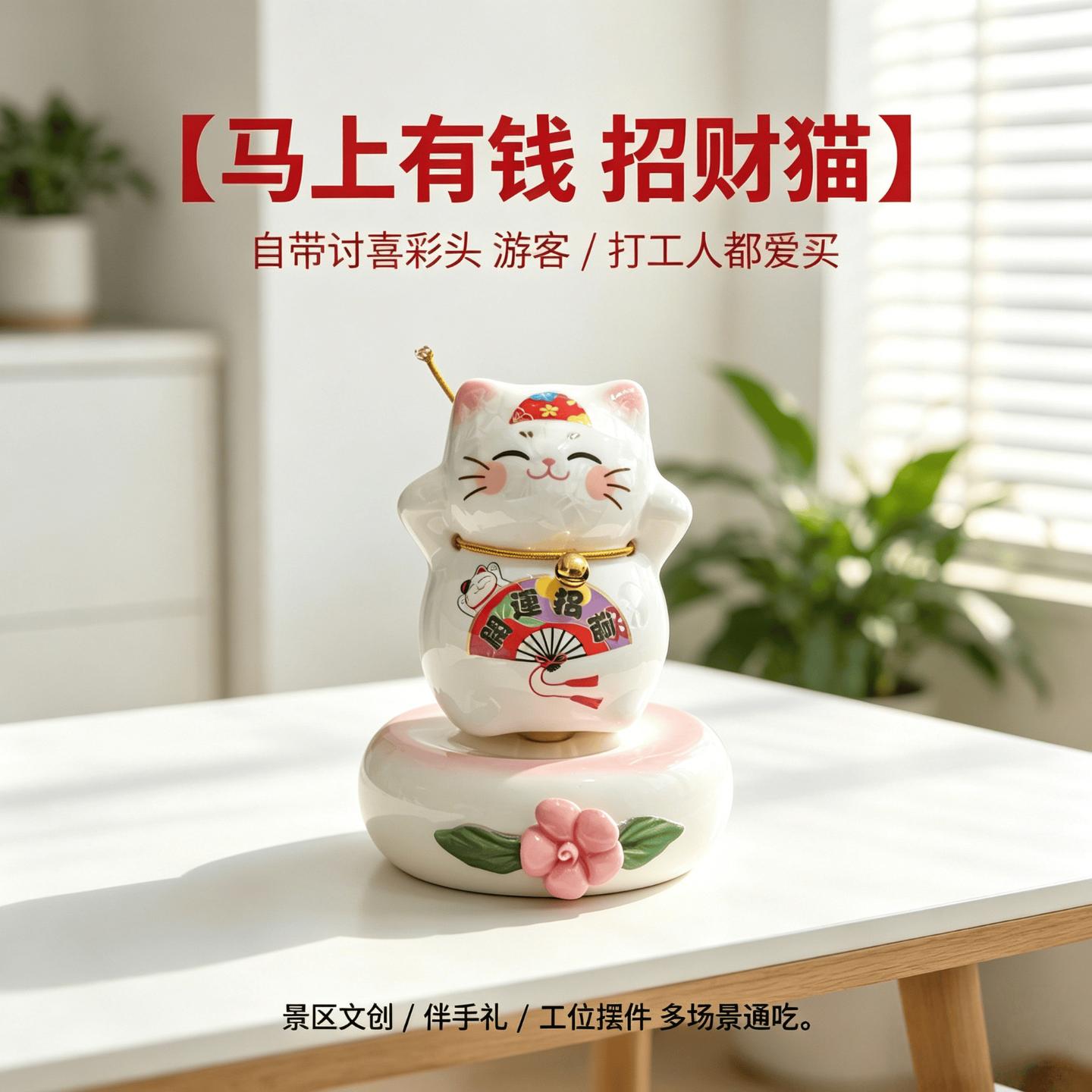陶瓷小摆件招财猫车内转转猫汽车
