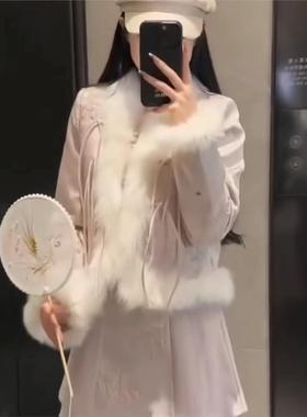 2025秋冬时尚国风新中式气质外套女短款白色毛领气质套装千金风潮