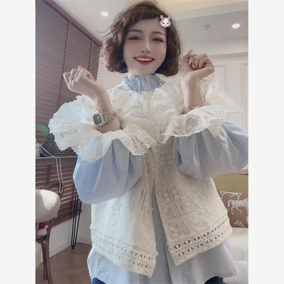 高品质时尚韩版大码女装三件套白色蕾丝马甲花边袖衬衫牛仔阔腿裤