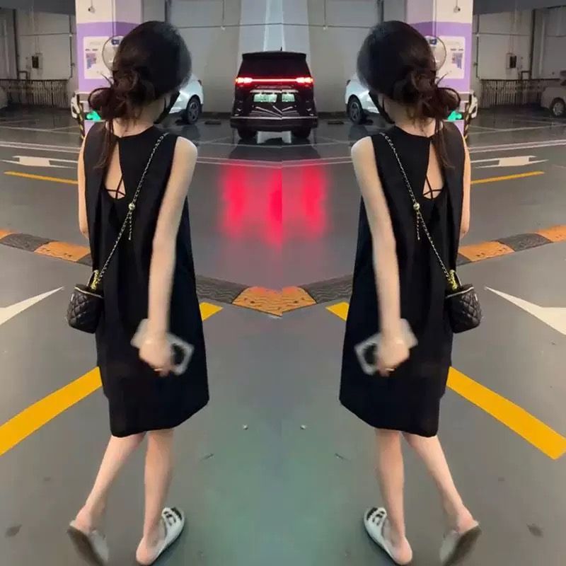 无袖A字裙女时尚宽松遮肚连衣裙