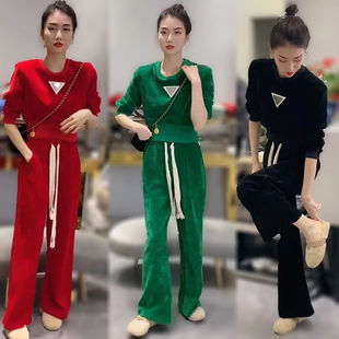 灯芯绒运动休闲套装女春秋新款短款显瘦大码时尚卫衣阔腿裤两件套