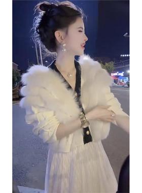 2025秋季网红新款时尚针织开衫女超仙小香风白色毛毛拼接显瘦毛衣