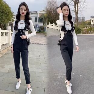 春秋季时尚百搭水洗牛仔裤女宽松气质高腰背带裤休闲小脚铅笔裤潮