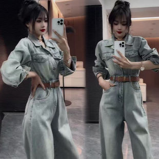 时尚牛仔连体裤女2025年春季新款工装连衣裤修身显瘦减龄连体长裤