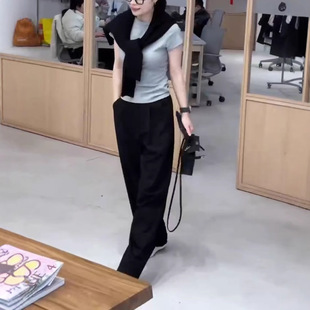 洋气时尚 简约基础正肩短袖 2025新款 套装 女 T恤时尚 垂坠感直筒裤