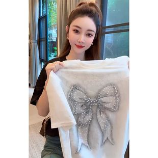 时尚 设计感小众宽松圆领上衣ins 重工蝴蝶结印花烫钻短袖 t恤女夏季