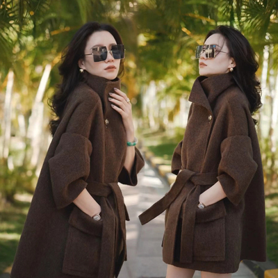 聚酯纤维毛呢中长款小香风系带