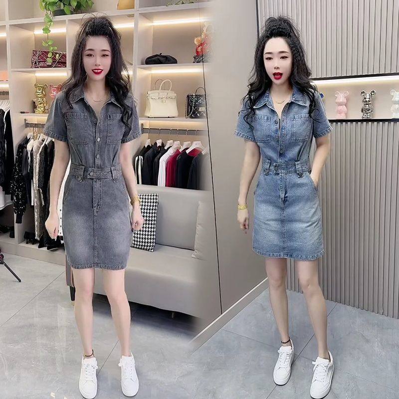 夏季短袖polo领收腰连衣裙气质显瘦时尚牛仔裙短袖连体短裙小个子