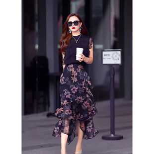 夏季套装女2025新款高级感设计小众无袖上衣花色半身裙两件套减龄