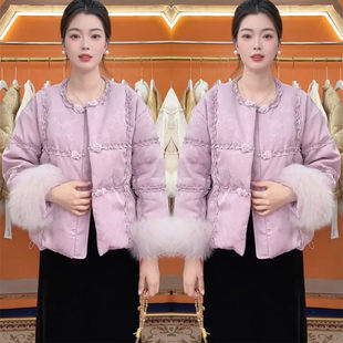 2026秋冬网红新款时尚短款棉服女洋气紫色木耳边毛毛袖显瘦面包服