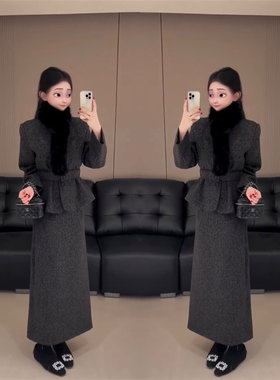 轻奢小香风毛领毛呢两件套冬季女