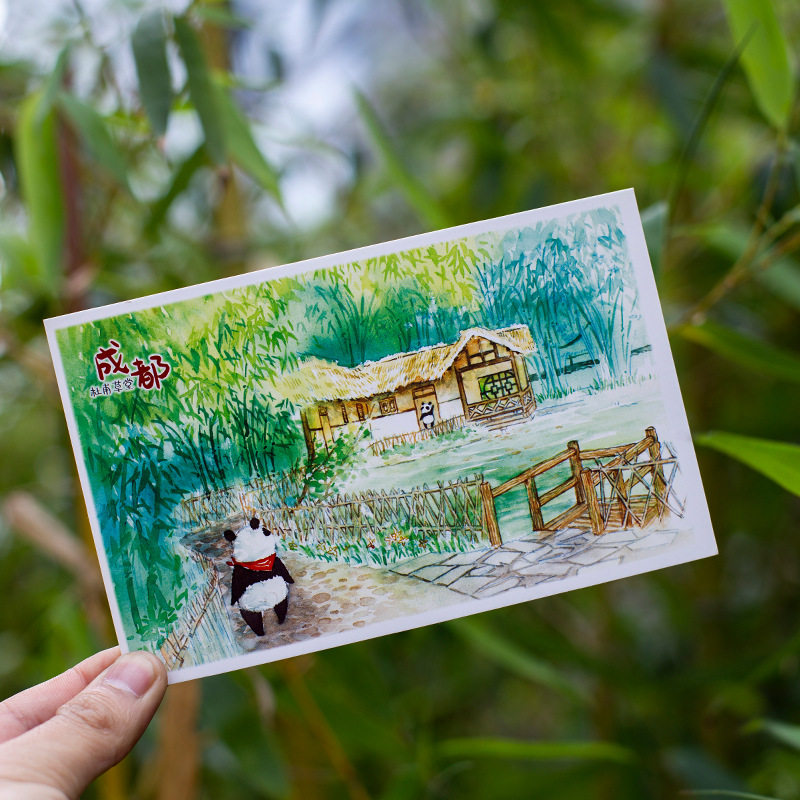 创意精致手绘明信片成都可爱大熊猫圆滚滚卡哇伊猫熊卡片彩绘天府之国