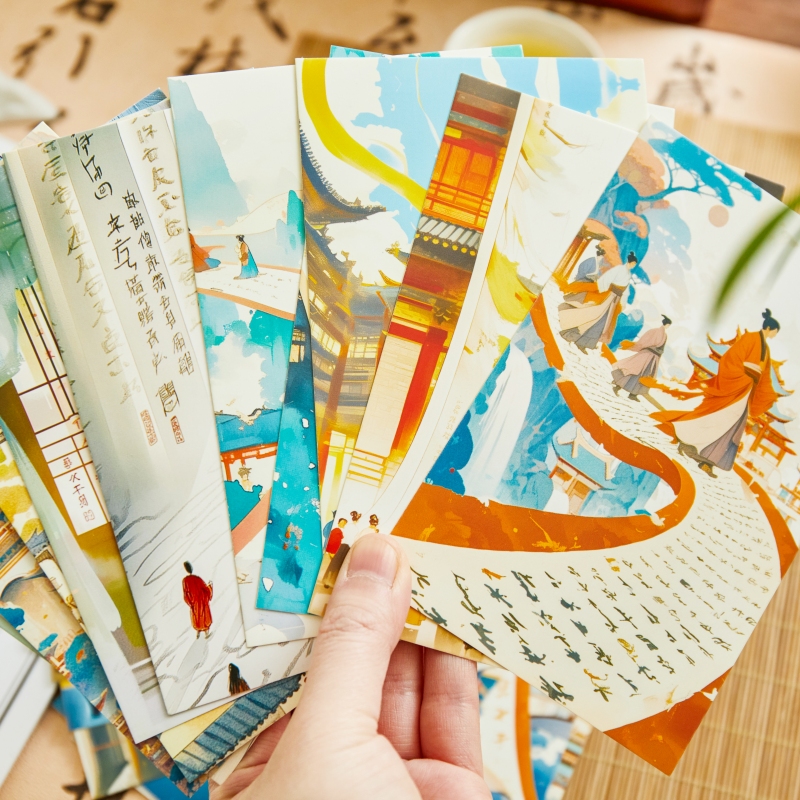 复古风手绘插画国潮明信片30张江山雅韵系列浪漫中国风古典墙贴装饰卡片礼物贺卡手写祝福留言卡生日感谢卡