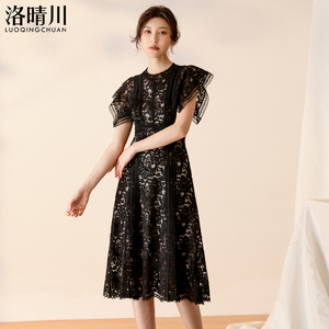 气质减龄黑色蕾丝连衣裙女高端名媛夏季收腰显瘦百搭网纱刺绣裙子