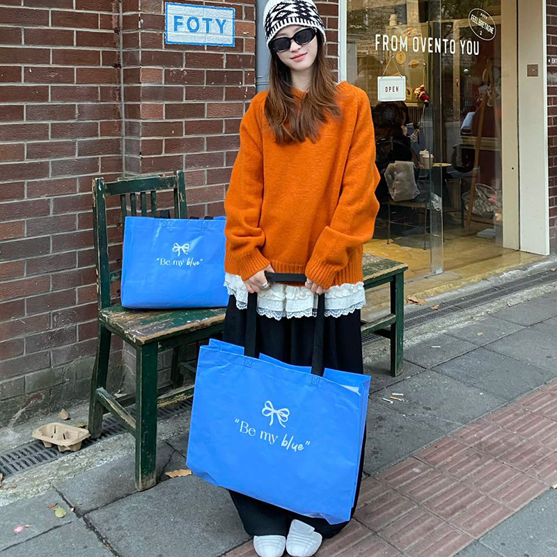 蓝色编织袋服装店大袋子手提时尚外出塑料包装袋大容量定购物袋制