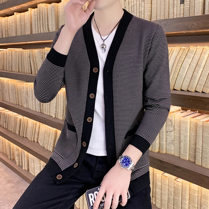 毛衣外套男士针织开n衫春秋薄款韩版秋季新款潮流帅气外穿条纹线