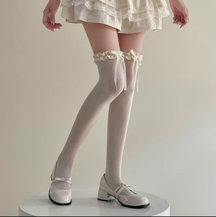 lolita白丝过膝袜女蝴蝶结蕾丝袜子春夏洛丽塔花边黑色奶白大腿袜