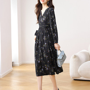 碎花雪纺连衣裙子女士早春秋2026年新款妈妈小个子长袖气质中长裙