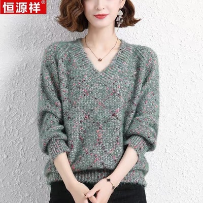 恒源祥100纯羊毛衫女V领加厚粗针毛衣秋冬拼色宽松大码针织打底衫