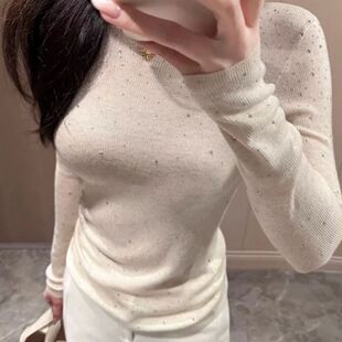 矜贵温柔~千金感自带爆闪烫钻上衣贵气纯欲一字领针织打底羊毛衫