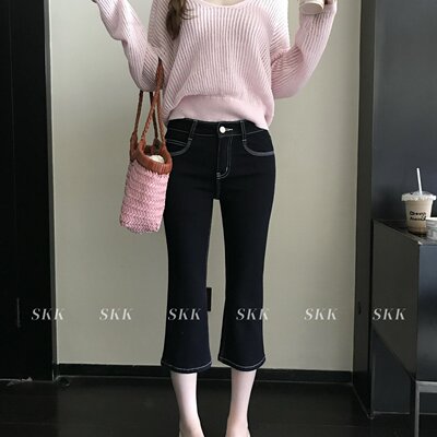 修容窄版牛仔yyds!天丝棉美式修身七分capri微喇牛仔裤
