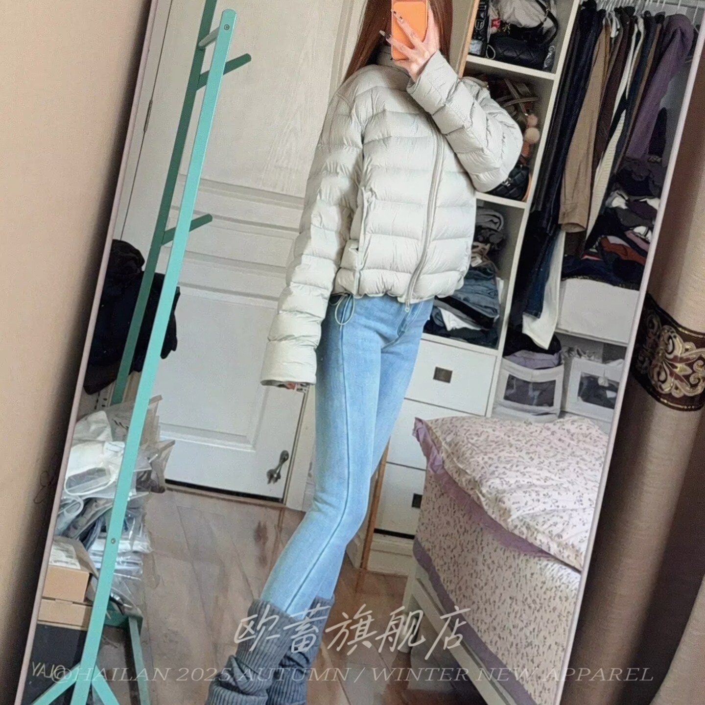 浅蓝色靴裤高光磨白铅笔牛仔裤女高腰紧身提臀显瘦弹力九分小脚裤