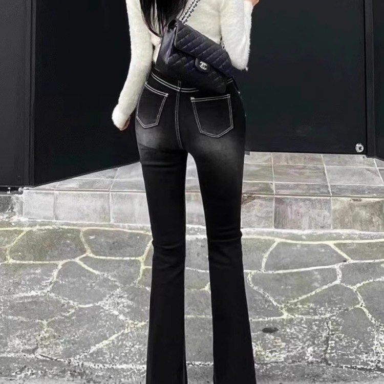 韩版微喇牛仔裤女2024秋冬新款复古水洗磨白紧身高腰显瘦直筒长裤图片