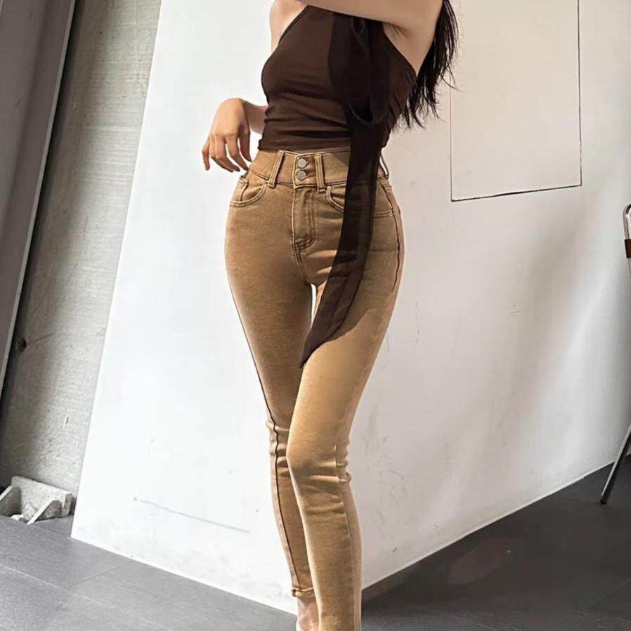 韩版辣妹香槟色牛仔裤秋高腰弹力显瘦复古紧身铅笔九分小脚裤女