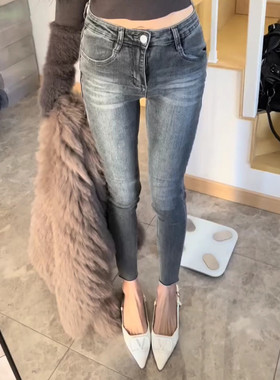 2025东大门复古蓝灰色高腰显瘦显腿长紧身小脚九分铅笔牛仔裤女