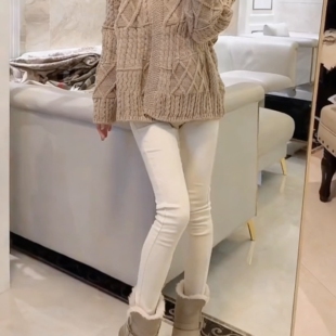 韩女小脚裤~白色高腰加绒烟管裤女秋冬九分牛仔裤子修身显瘦百搭